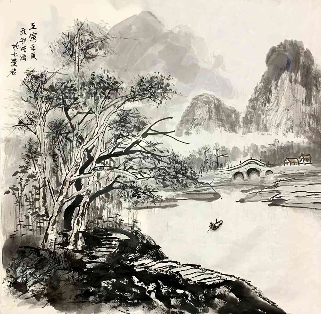 中国山水画大师AI国展献精作品，描绘山水之美