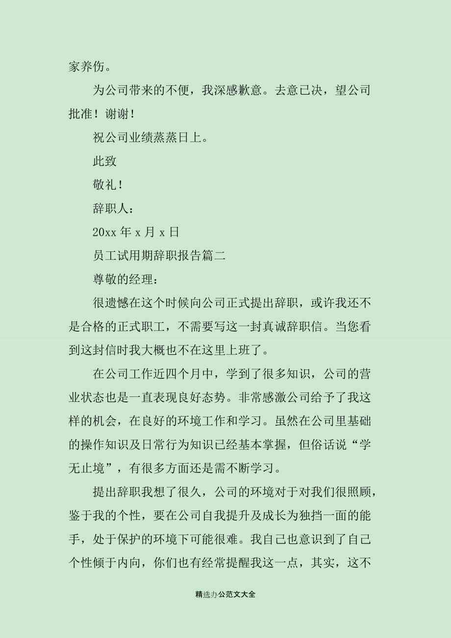 试用期内员工辞职报告模板及范文